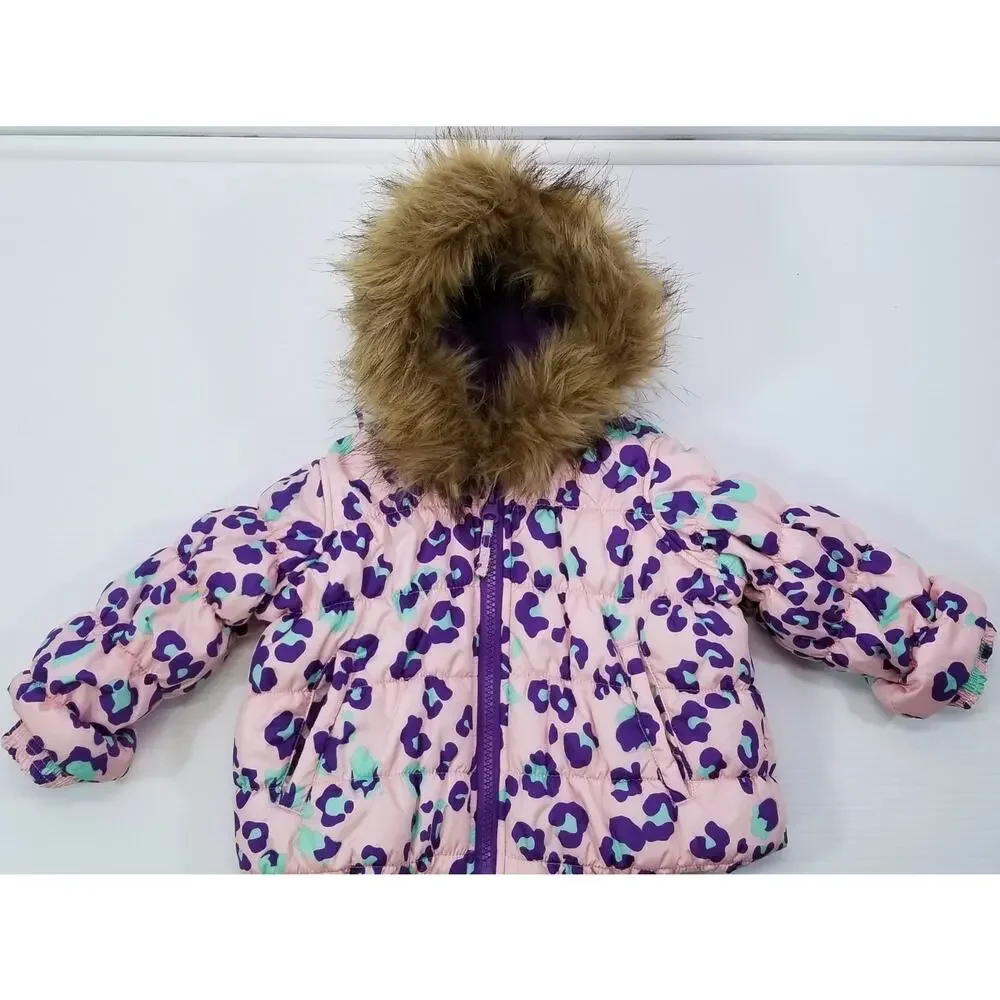 II) Infant Toughskins Waterproof Snow Jacket Bib Snow Pants Purple Leopard 12M
